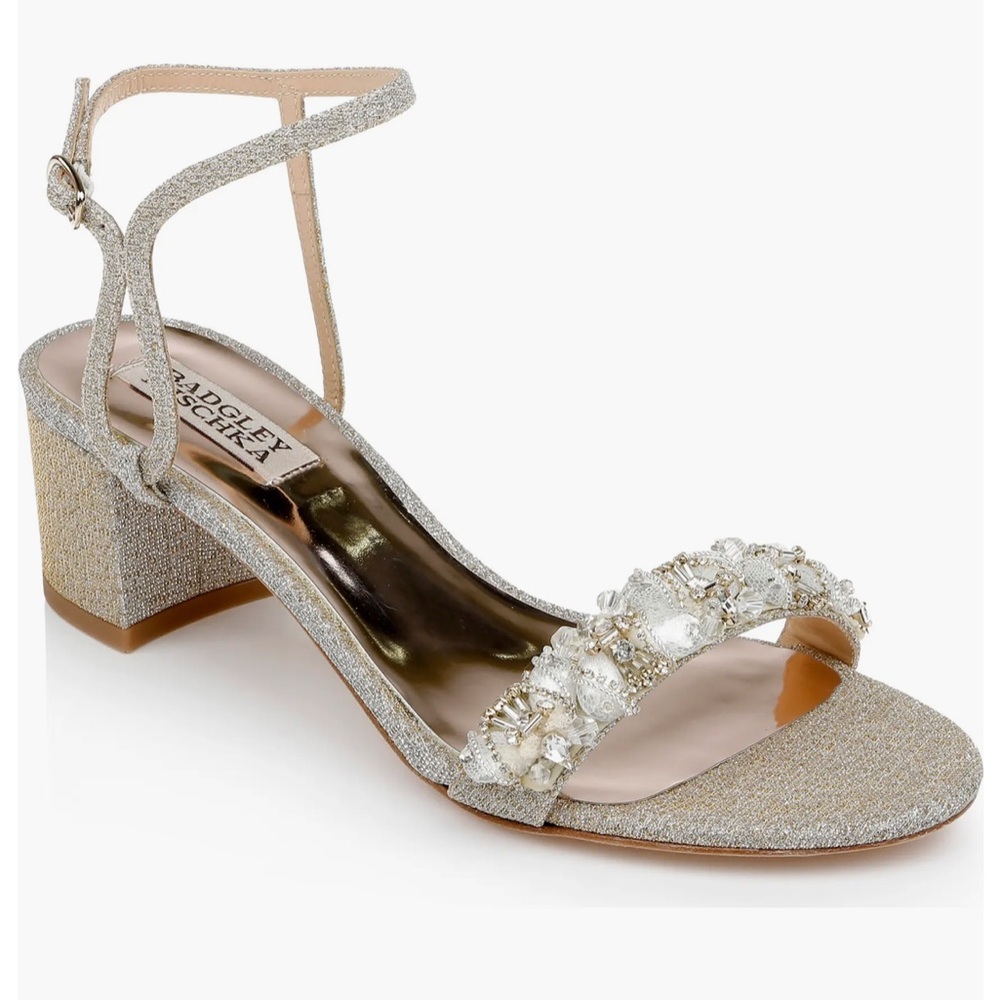 New in Box Badgley Mischka Tanessa Silver Embellished Block Heel Sandals 7